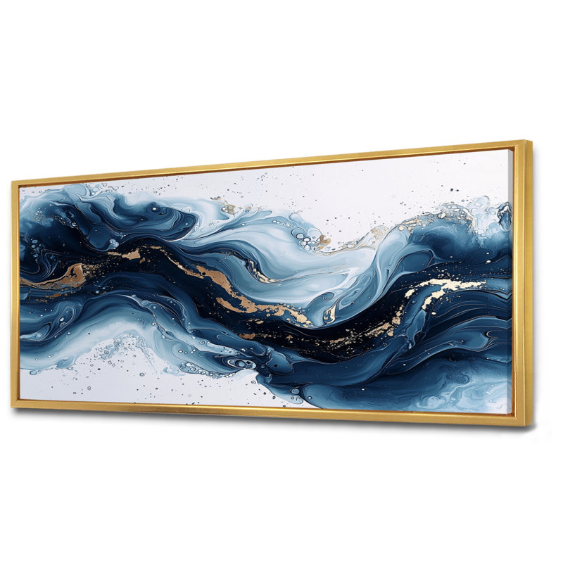 Or et bleu céleste fluidité II - encre liquide, art mural, H 28 po x l 60 po, Cadre flottant, Doré