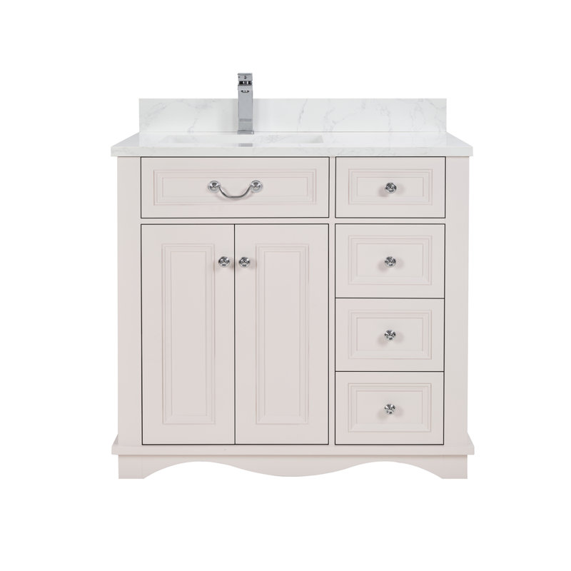 36" Solid Wood Single Bathroom Vanity with 1" Engineered Marble Top, Dreamy White