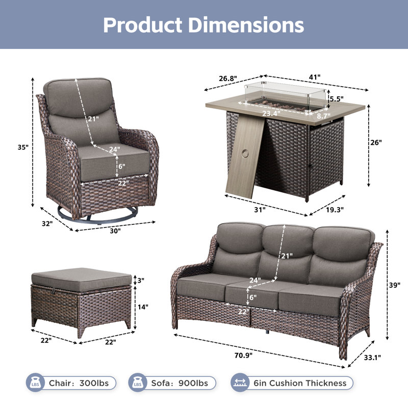 7-9 Person Outdoor Wicker Family Party Conversation Set With Swivel Rockers And Fire Pit, Brown, Gray