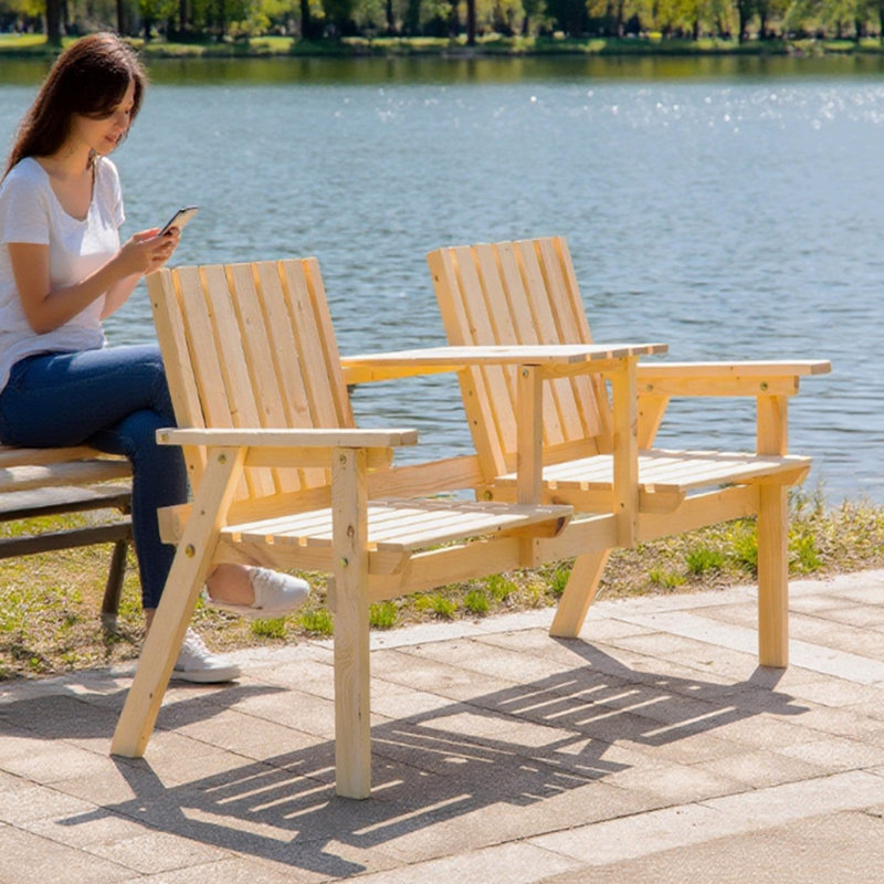 Outdoor Patio Bench, Garden Bench With Middle Table And Umbrella Hole