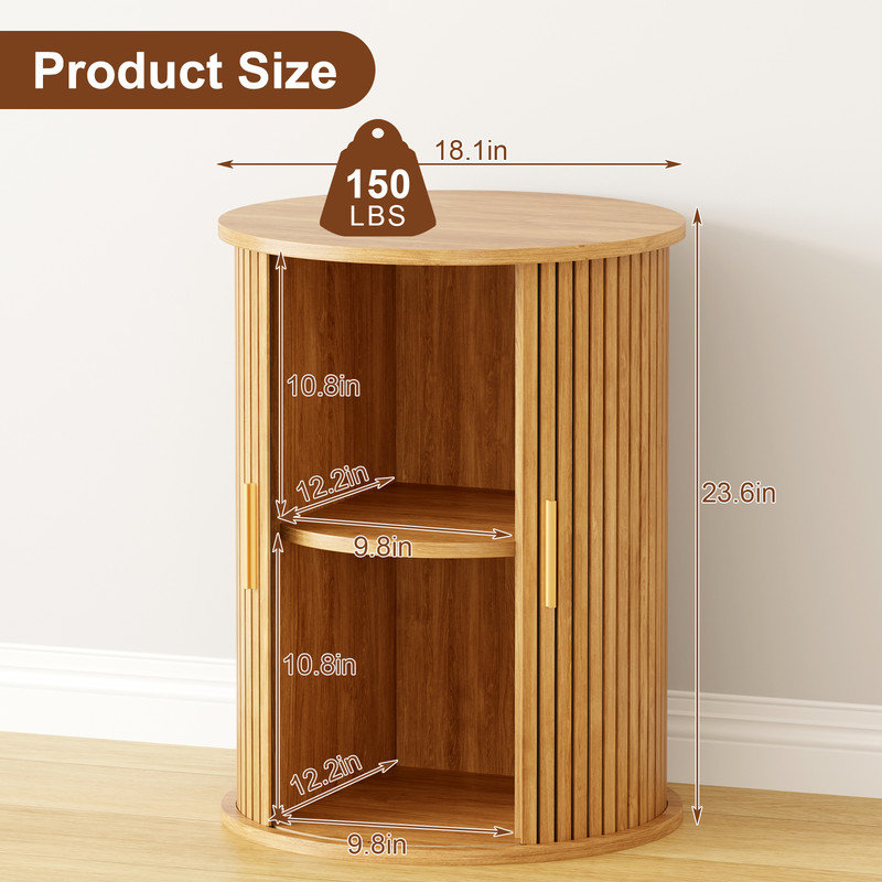 Fluted Round Side Table for Small Spaces, Mid Century Modern End Table with Sliding Tambour Door and Storage Shelf,Wood Nightstand(Natural)