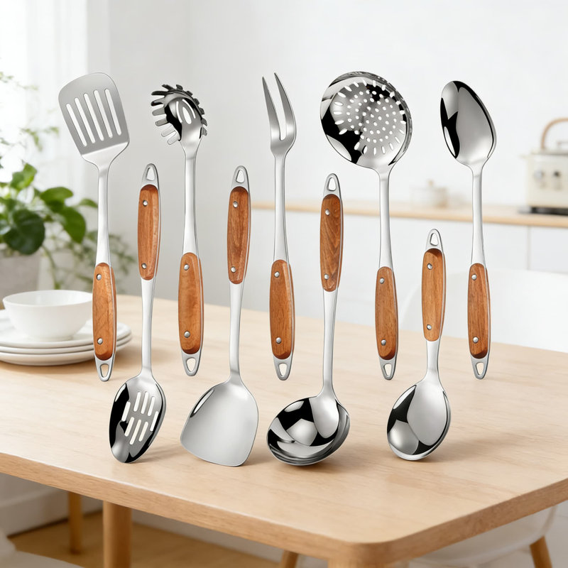 Ensemble d'ustensiles de cuisine 9 pièces en acier inoxydable avec poignées en bois - Comprend une cuillère, une spatule, une louche, un écumoire, une cuillère à pâtes - Va au lave-vaisselle et est ergonomique pour toute la batterie de cuisine