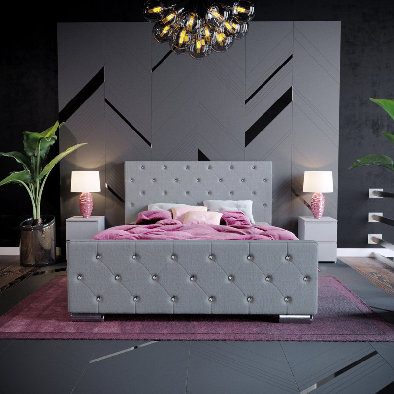 Kali Upholstered Velvet Bed, Double (4'6), Light Grey Linen