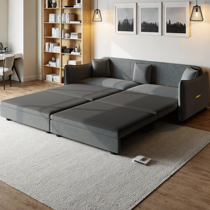 81.9" King Pull Out Sofa Bed, 3-in-1 Convertible Velvet Couch with Golden Metal Accents & 3 Pillows, Modern 3-Seater Sleeper Sofa with Reinforced Frame for Living Room