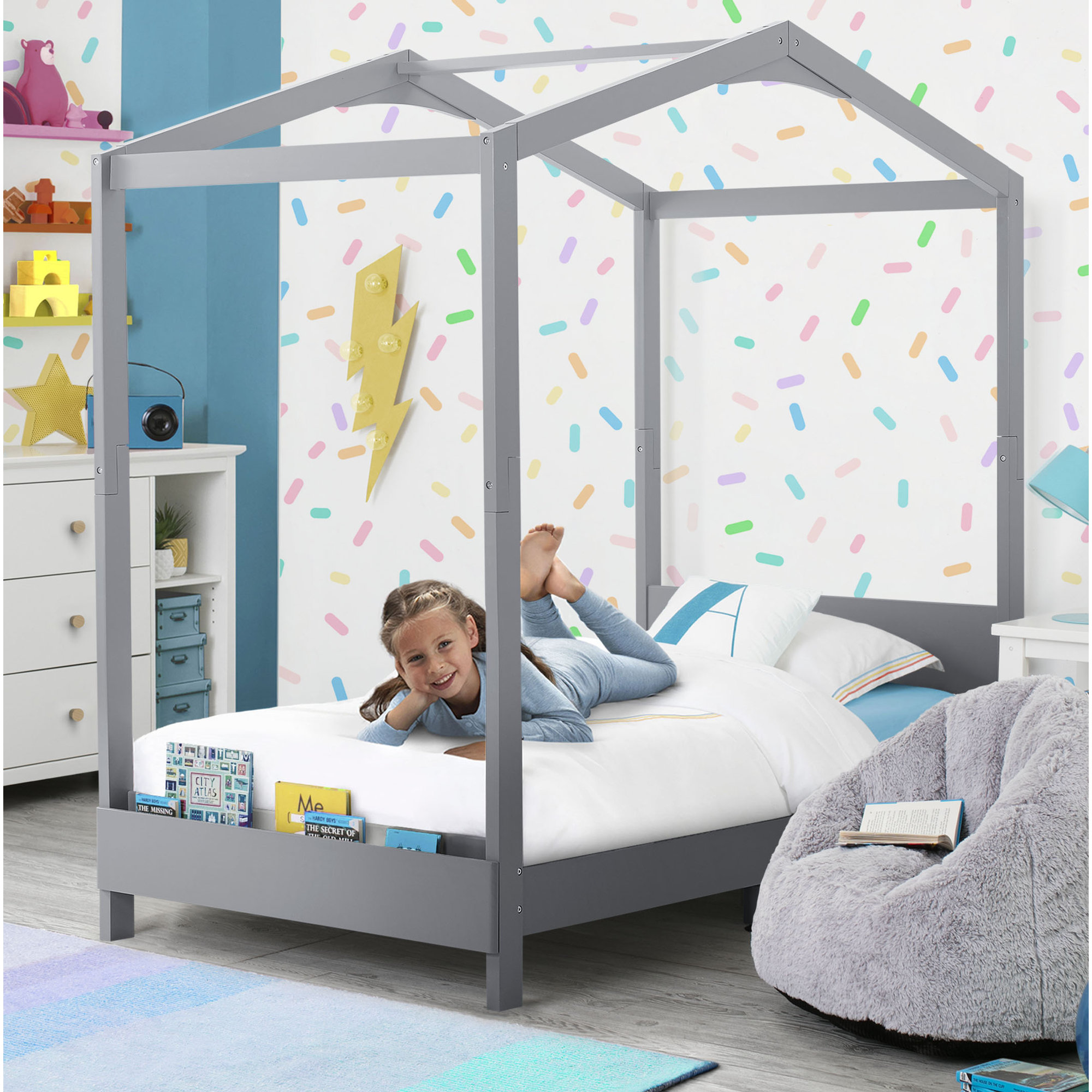 Twin Solid Wood Platform Standard Bed with Shelves by Delta Children, Gray