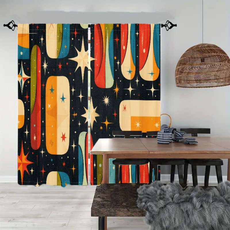 2Pcs Mid Century Modern Abstract Curtains, Retro Atomic Geometric Pattern Rod Pocket Window Drapes,  Light Filtering Curtain for Living Bedroom Kitchen, Decorative Treatment
