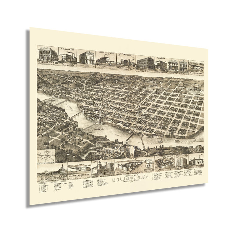 1886 Columbus Georgia, carte sur papier, H 24 po x l 36 po