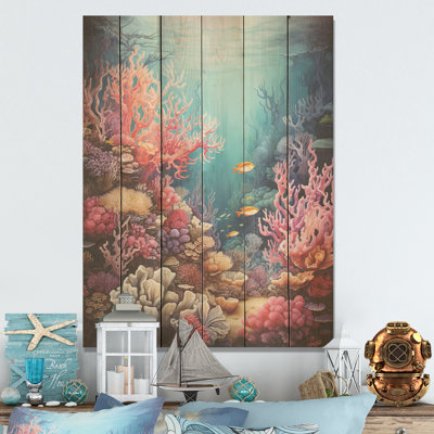 Rose et bleu sous l'eau corail Wold - art mural bois de corail sous l'eau sur bois de pin naturel