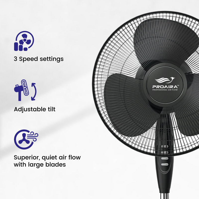 Proaira Black 16" Oscillating Pedestal Fan with Adjustable Height