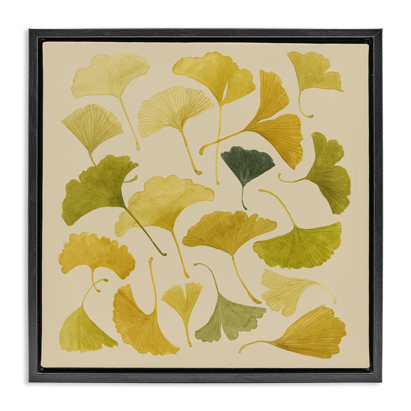 «Ginkgo Leaves», art mural encadré sur toile flottante, design par Grace Popp, Cadre flottant noir de jais, H 18 po x l 18 po