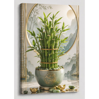LargeChinese Feng Shui Lucky Bamboo Wall Art Canvas Print 24x36 Inch Jade Pot Decor Nature Botanical Artwork Office Living Room Home Decor Ready to hang