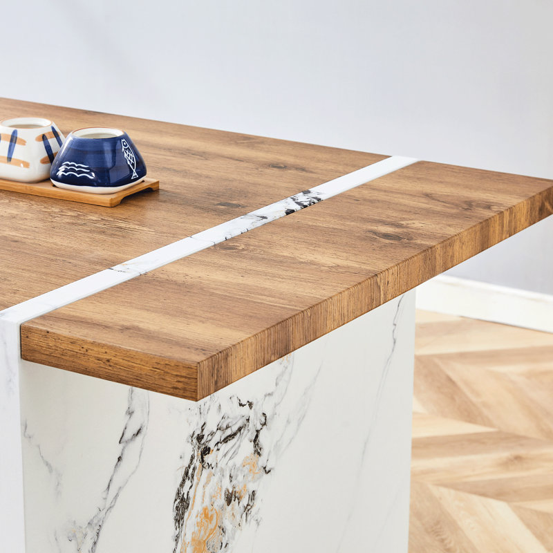 Table de salle à manger pour 4 personnes, table 55 po x 31,5 po, texture bois, chaises blanches, coussins antidérapants grain naturel avec éponge confortable en forme de losange de style moderne