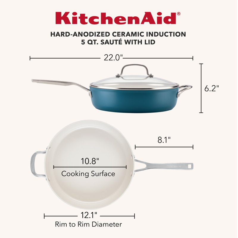 Kitchenaid Hard-Anodized Ceramic Induction Saute Pan With Lid And Helper Handle, 5-Quart, Agave, Blue