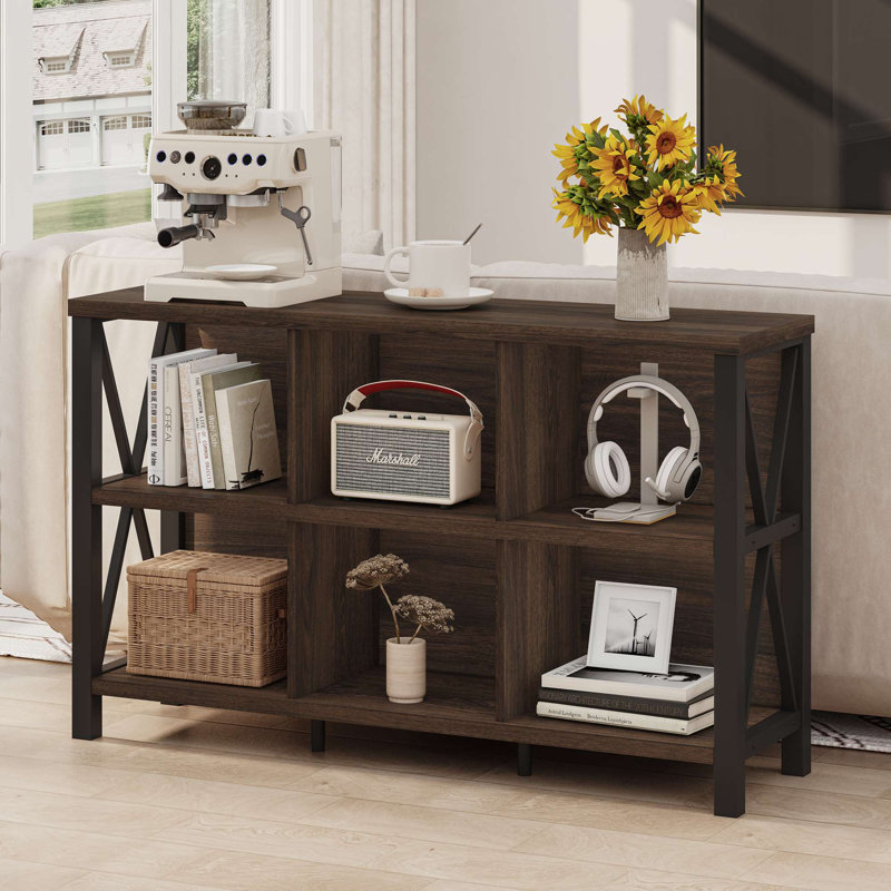 Bibliothèque en bois Guinna, 6 cubes, Noyer foncé