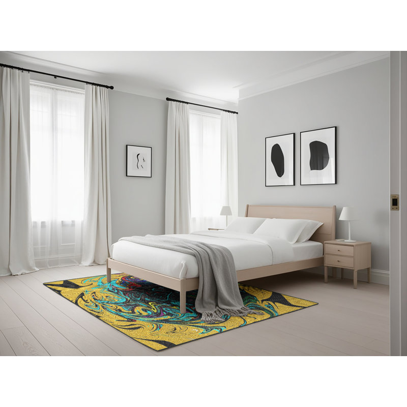 Tapis jaune/bleu à motifs, Rectangle 5 pi x 7 pi