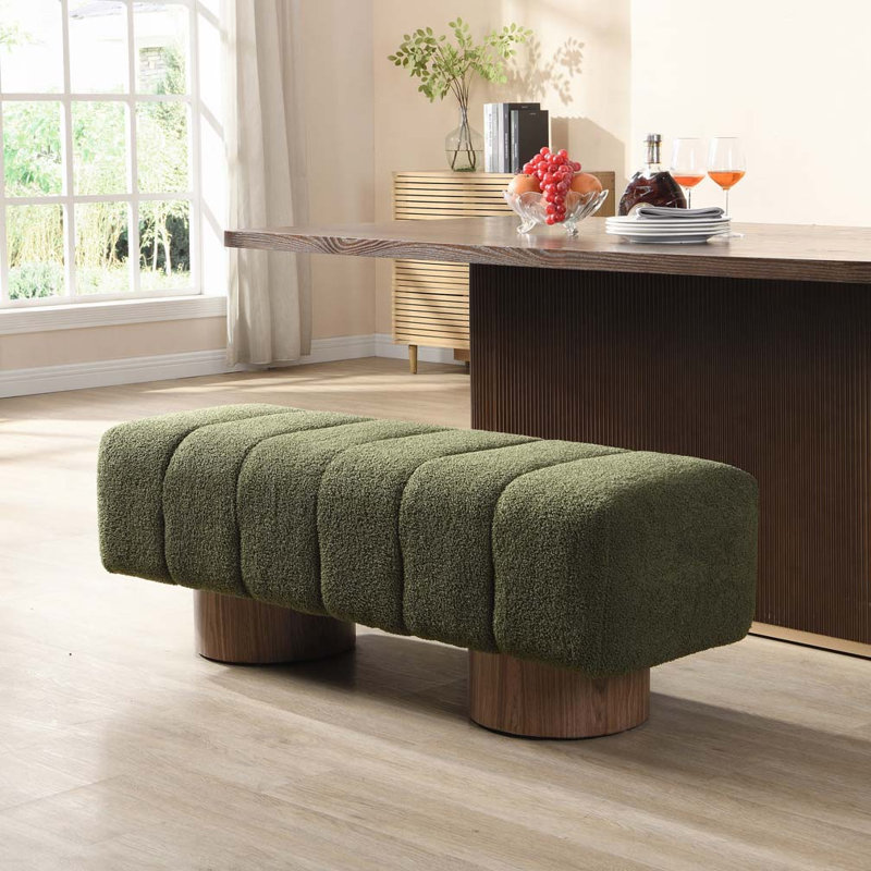 Boucle Upholstered Bench ,No-Assembly, Green