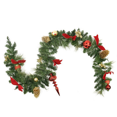 Guirlande de Noël 6 pi x 10 po avec ornements de boules rouges et dorées - non éclairé