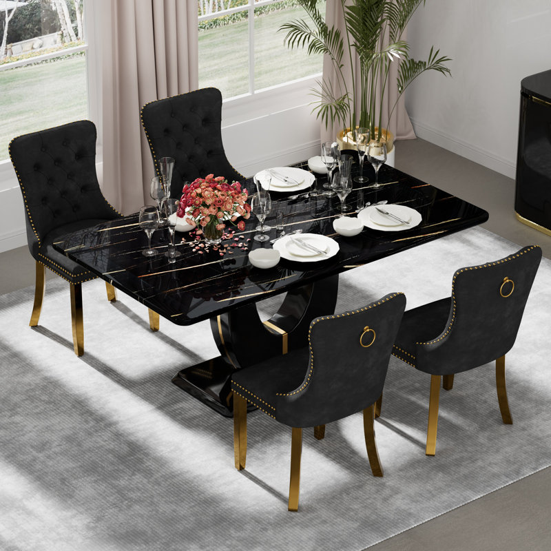 Ensemble de table de salle à manger rectangulaire, Noir, noir, noir, noir, 5, Blanc / argenté