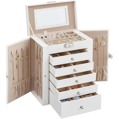 6-Layer Jewelry Box Organizer With 5 Drawers, Jewelry Storage Case With Lock And Mirror, Large Storage Capacity, Gift For Loved Ones, For Necklaces, Watches, White