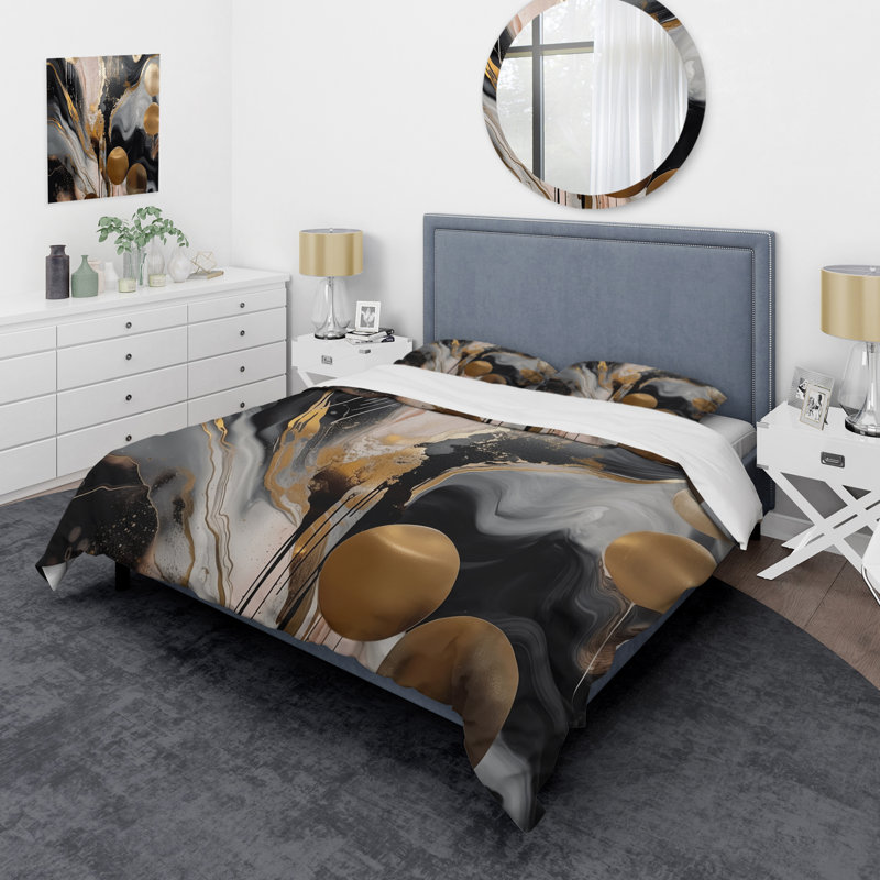 Ensemble de literie moderne 4 pièces - Ensemble de literie et de coussins décoratifs en marbre gris et or