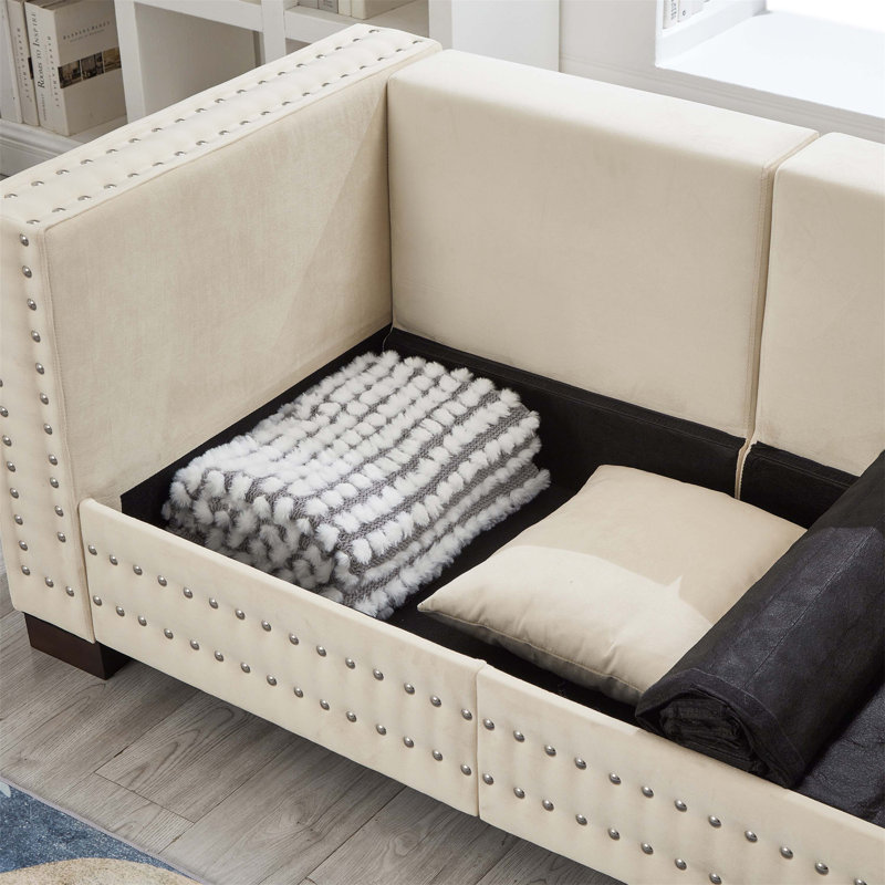 Causeuse rembourrée en velours de conception moderne avec accoudoirs carrés et clous argentés, avec rangement et sièges confortables