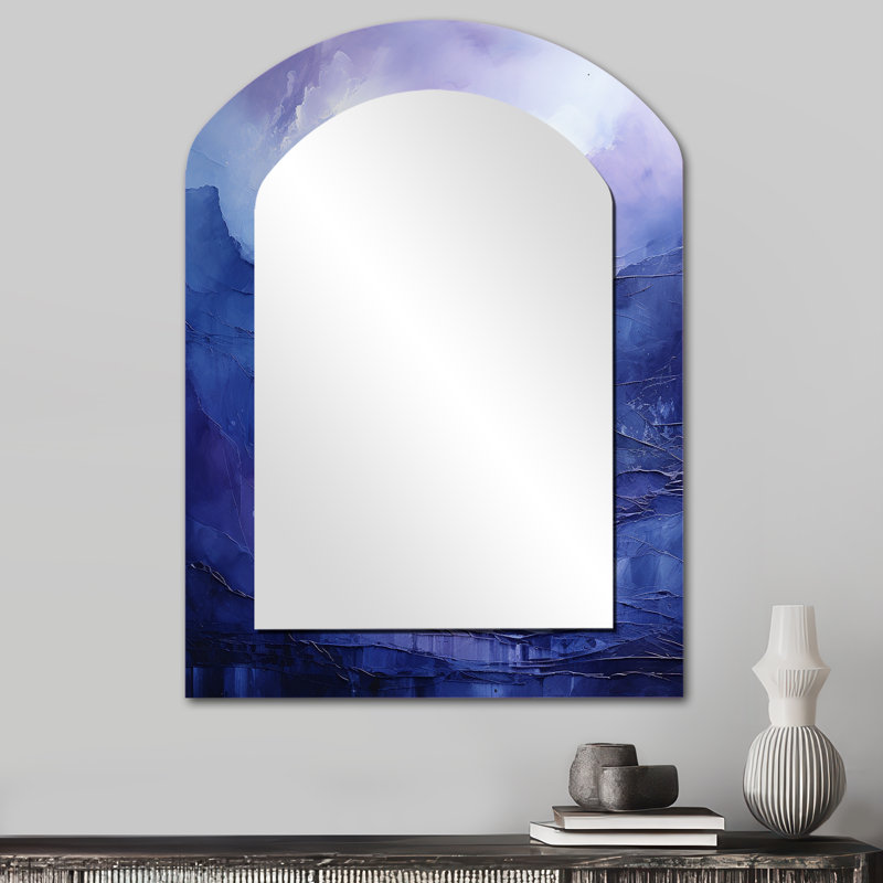 Indigo Dreams I - grand miroir mural asymétrique de paysages, art moderne, impression sur métal, 34 po x 25 po
