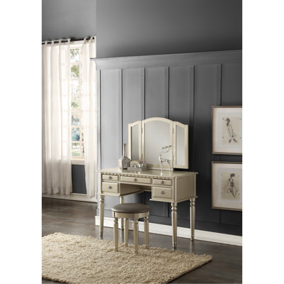 Contemporary Bedroom Vanity - Silver Finish, Foldable Mirror, Stool, Storage Drawers Classic With Stool Color, 5 Drawers,