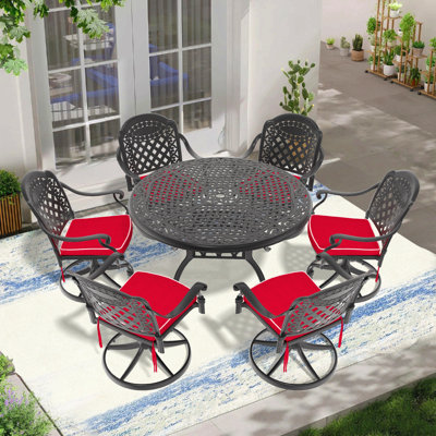 7Pcs All-Weather Cast Aluminum Dining Set, Include 6 Swivel Chairs And 48.03" Round Table With Black Frame
