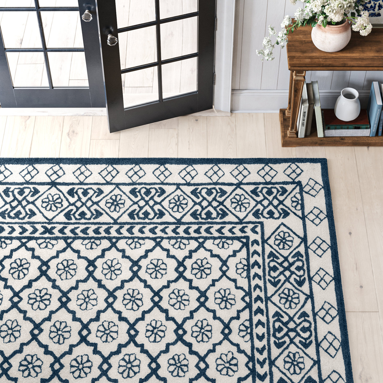 Agathe Blue White Hand-Tufted Wool Floral Rug, Rectangle 3'9" x 5'9"