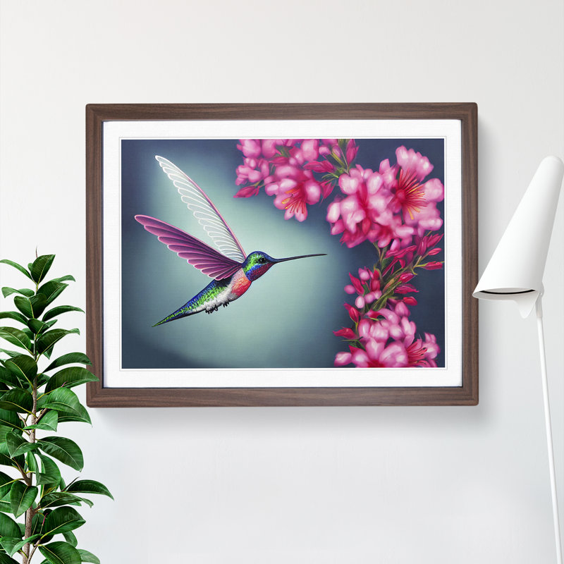 Floral Hummingbird - Single Picture Frame Print, 34cm H x 46cm W x 2cm D, Walnut Framed