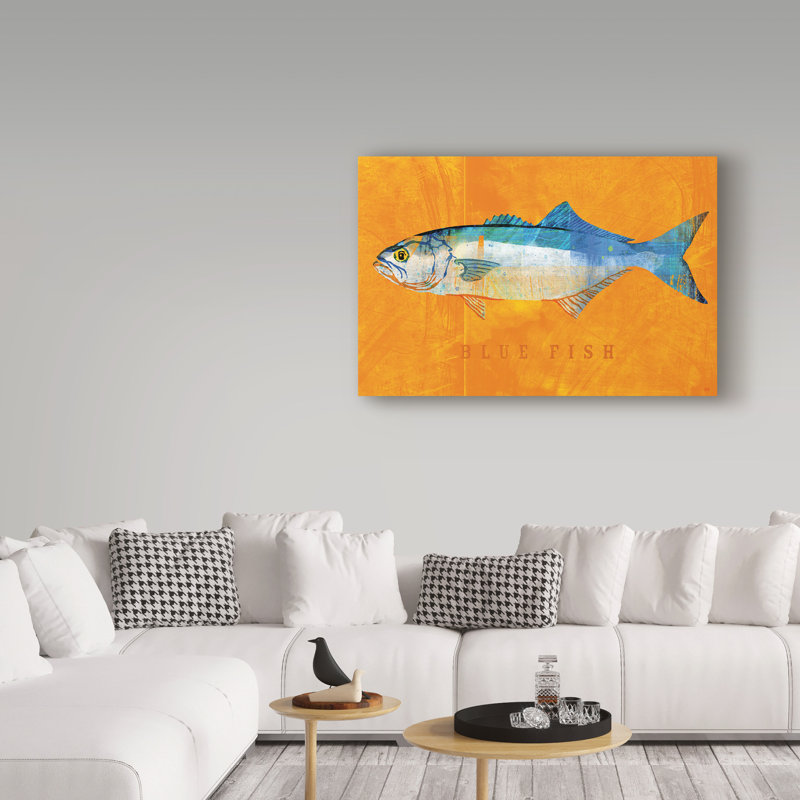 Modern Blue Fish Canvas Art with Orange Background