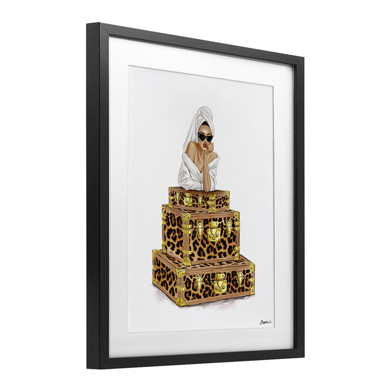 Peignoir féminin et valises, reproduction encadrée sous verre, design par Ziwei Li, Cadre noir minuit, H 16 po x l 13 po