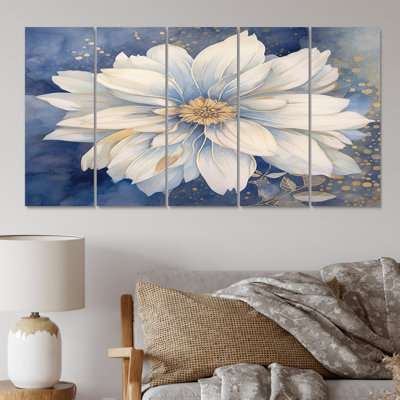 «Elegant White Chrysanthemum On Retro», reproduction sur toile fleurs - 5 panneaux égaux