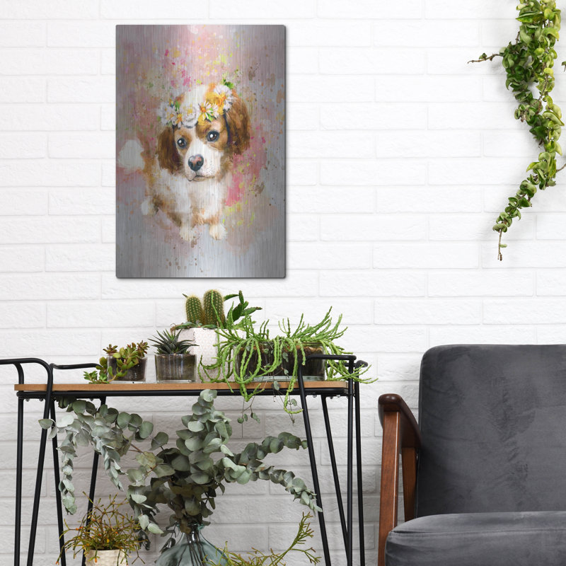 Art mural en métal «Flower Crown Cavalier King Charles Spaniel» par Furbaby Affiliates, H 16 po x l 12 po