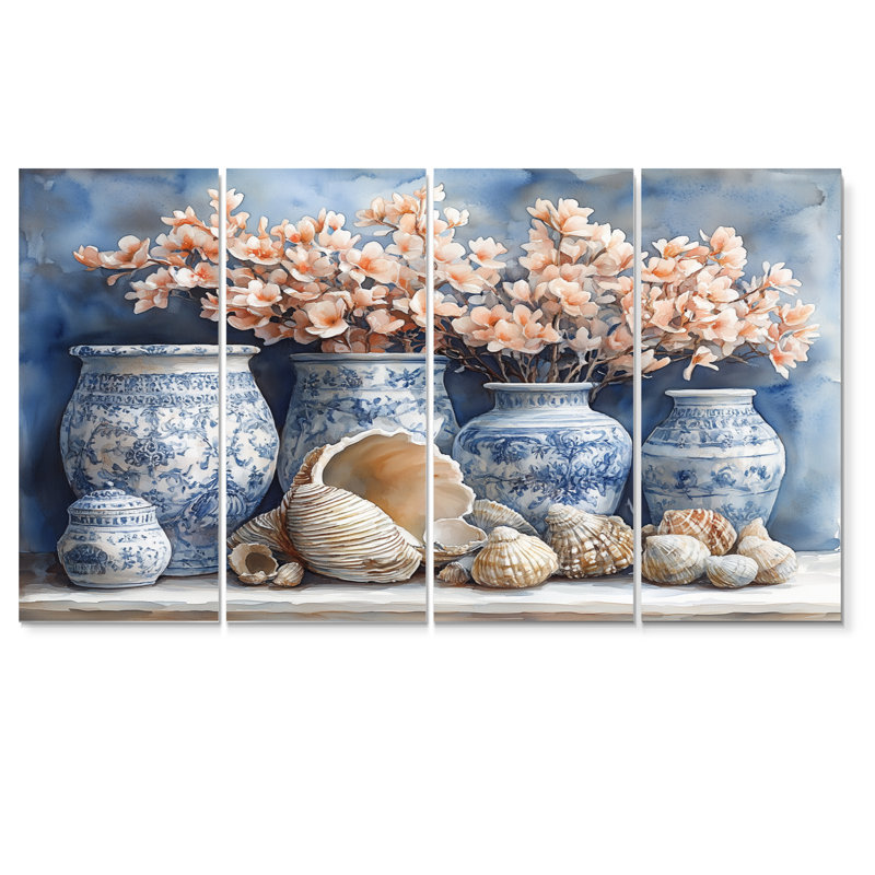 Poterie florale dans des tons bleus et blancs - Ensemble de décorations murales de poterie côtière, H 28 po x l 48 po