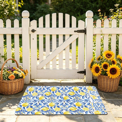 Blue White Lemon Floral Floor Mat 24 x 36 inch for Outdoor and Indoor
