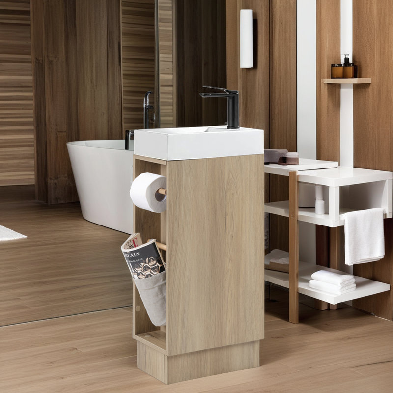 Ensemble de meuble-lavabo de salle de bain 16 po - Conception peu encombrante - Lavabo en pierre, Brun