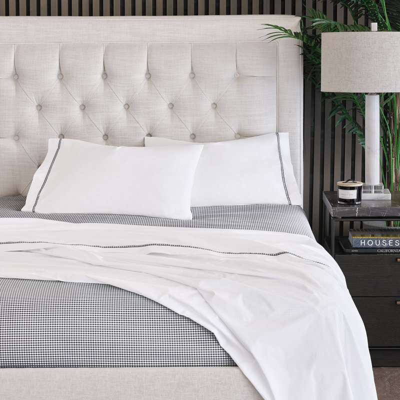 Malaya Egyptian Cotton Percale Gingham Sheet Set, Black, King