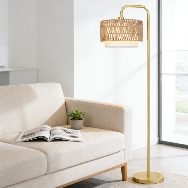 Floor Lamp With Dual Removable Shades - Rattan And Fabric Linen Shade, 3 Color Temperatures & Dimmable, Remote & Foot Pedal Control, For Living Room, Bedroom, Office