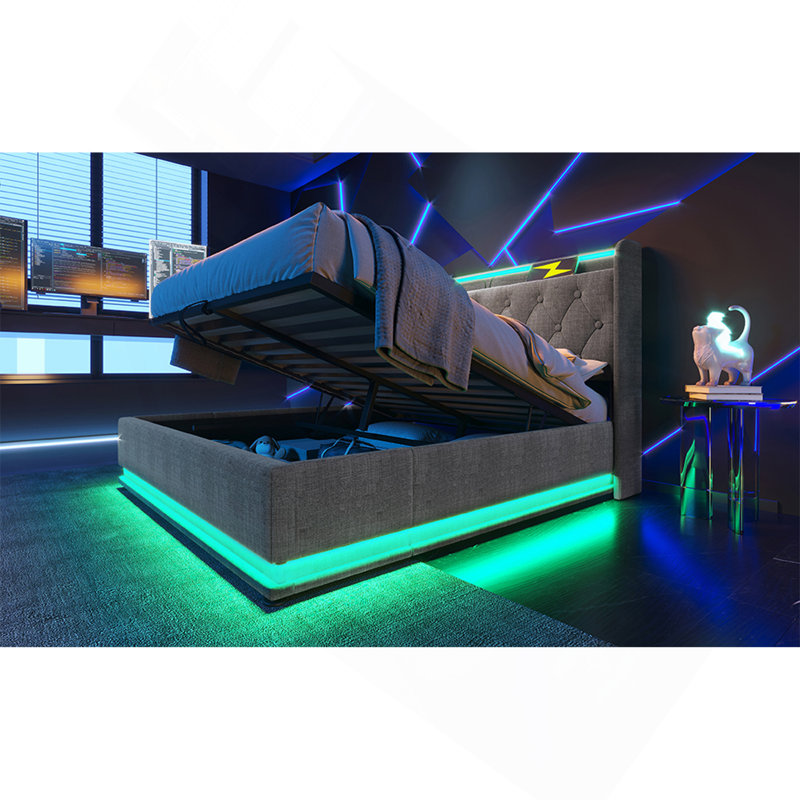 Grand lit tapissier, fonction DEL à 360 degrés, boutons / applications / télécommande, lit de rangement hydraulique avec chargement USB Type-C, gris, lin (sans matelas)