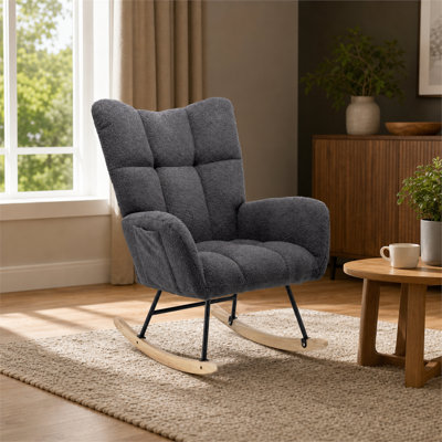 Fauteuil berçant à oreilles gris en tissu gris avec pochette de rangement latérale, chaise berçante d'allaitement douce et confortable, base en bois massif robuste et sécuritaire, fauteuil d'appoint polyvalent pour la chambre de bébé et le salon