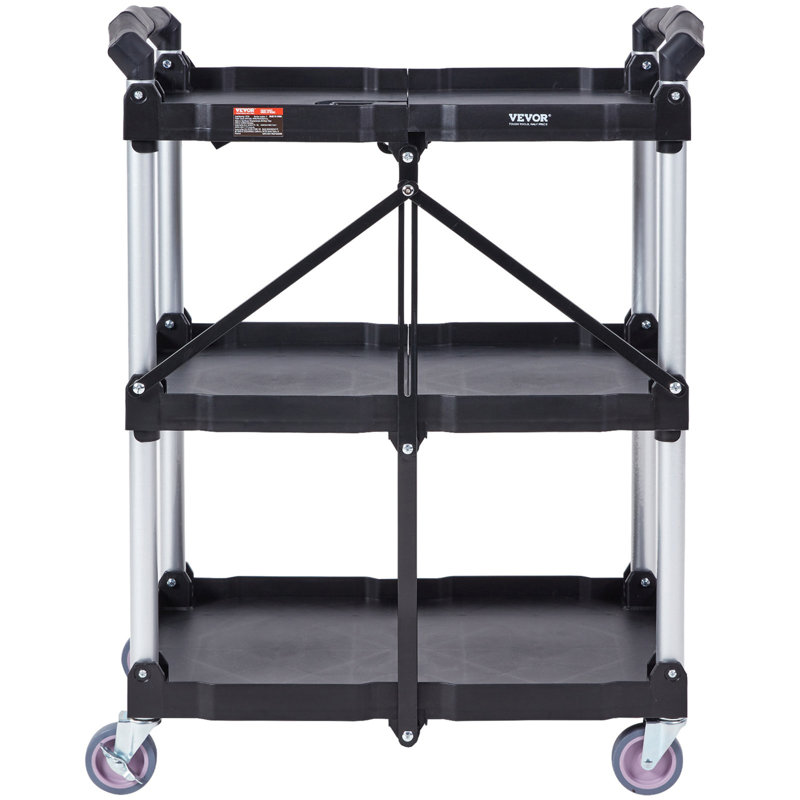 Foldable Utility Service Cart, 3 Shelf 165LBS Heavy Duty Plastic Rolling Cart With Lockable Wheels, Ergonomic Handle, Portable Garage Tool Cart For Warehouse/Office/Home(25.62"X15.43"X32.76")
