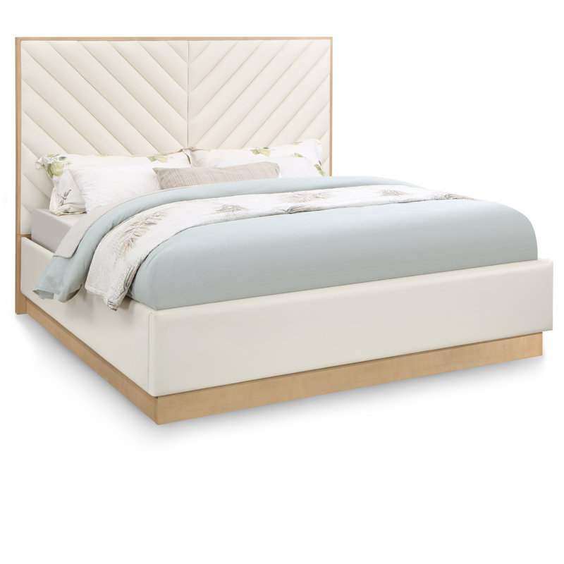 Upholstered Platform Bed, Queen, Cream Vegan Leather