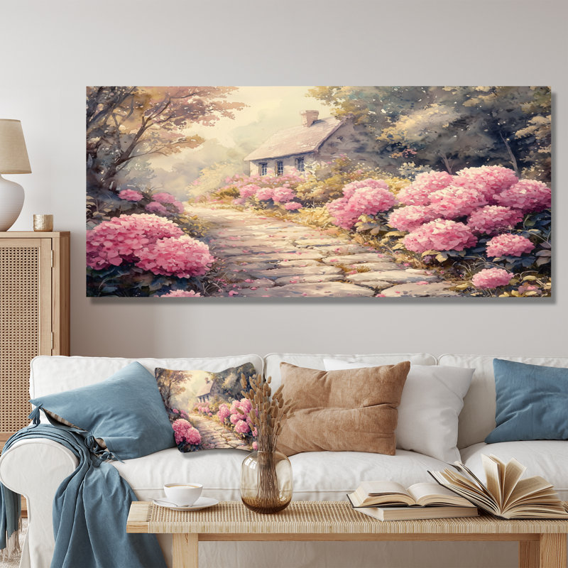 Hortensias par le chemin de pierre IV - hydrangées, impression murale en métal, H 28 po x l 60 po