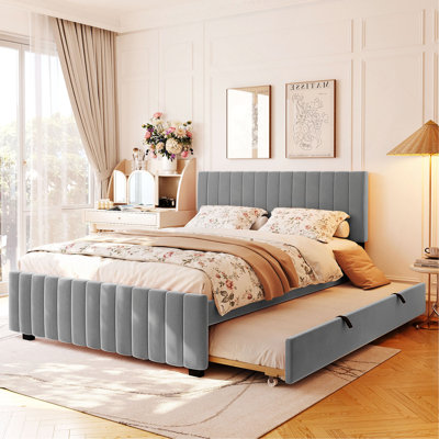 Queen Size Velvet Upholstered Platform Bed with Twin XL Size Trundle