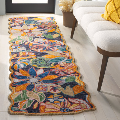 Tapis floral noir / vert en laine / coton touffeté à la main Botts 356
