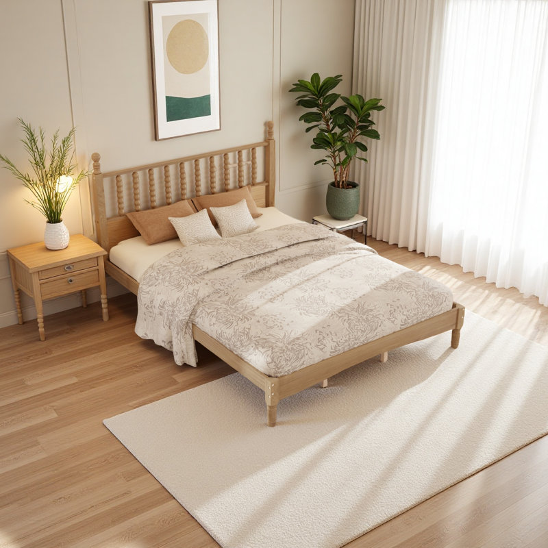 Lit plateforme grand en bois avec tête de lit en forme de gourde, lit plateforme de style rétro avec support à lattes en bois, naturel