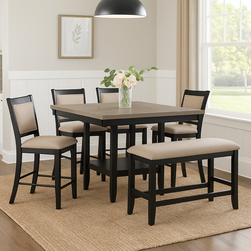 Ensemble de 2 chaises à hauteur de comptoir Filu, structure en bois noir, assise en lin gris, Noir
