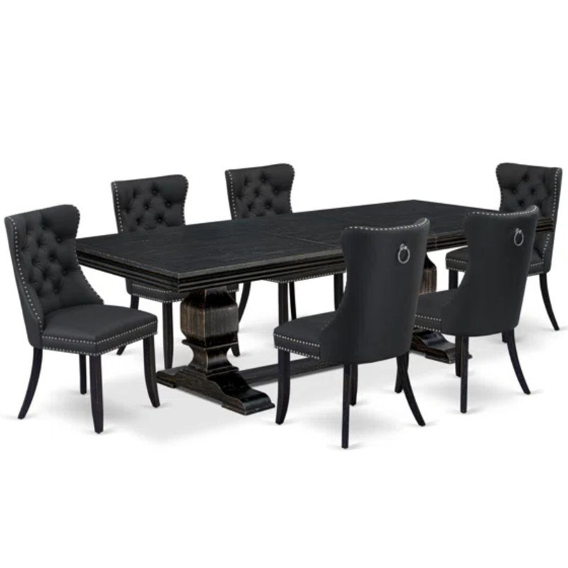 L'ensemble de salle à manger 7 pièces contient une table de cuisine rectangulaire et 6 chaises modernes en tissu de polyester gris foncé, noir sablé