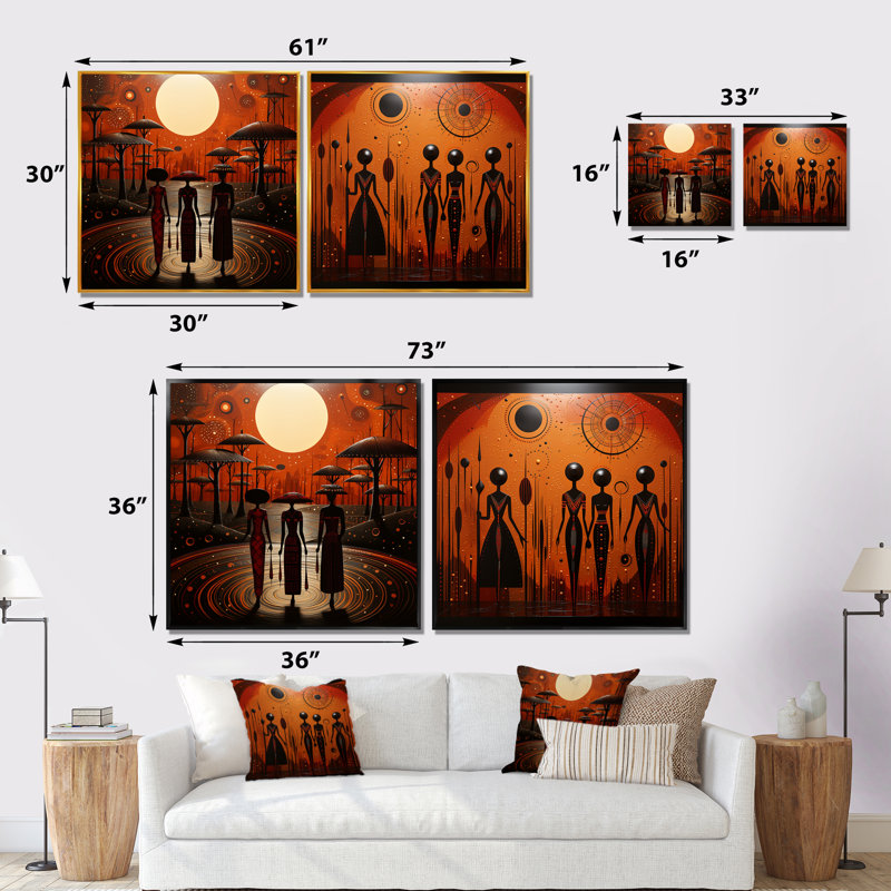 «African Soulful» - Ensemble de 2 collages carrés de paysages abstraits, H 16 po x l 33 po, Toile tendue